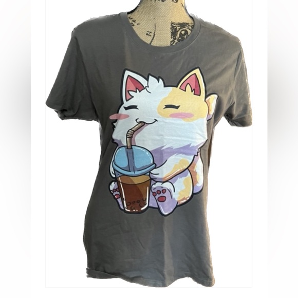 Graphic Tree , Cat T-shirt ,Anime Cat Boba Bubble Kawaii Neko T-Shirt Size L NWT - Picture 8 of 13